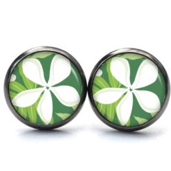 Ohrstecker, Ohrhänger, Clipse & Druckknopf – Motiv Große Blume weiß grün – Schmuck aus Edelstahl Ohrstecker, Ohrhänger, Clipse & Druckknopf – Motiv Große Blume weiß grün – Schmuck aus Edelstahl