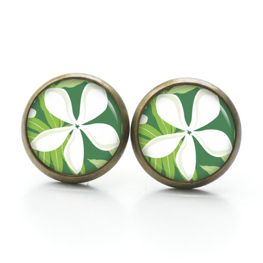 Ohrstecker, Ohrhänger, Clipse & Druckknopf – Motiv Große Blume weiß grün – Schmuck aus Edelstahl Ohrstecker, Ohrhänger, Clipse & Druckknopf – Motiv Große Blume weiß grün – Schmuck aus Edelstahl