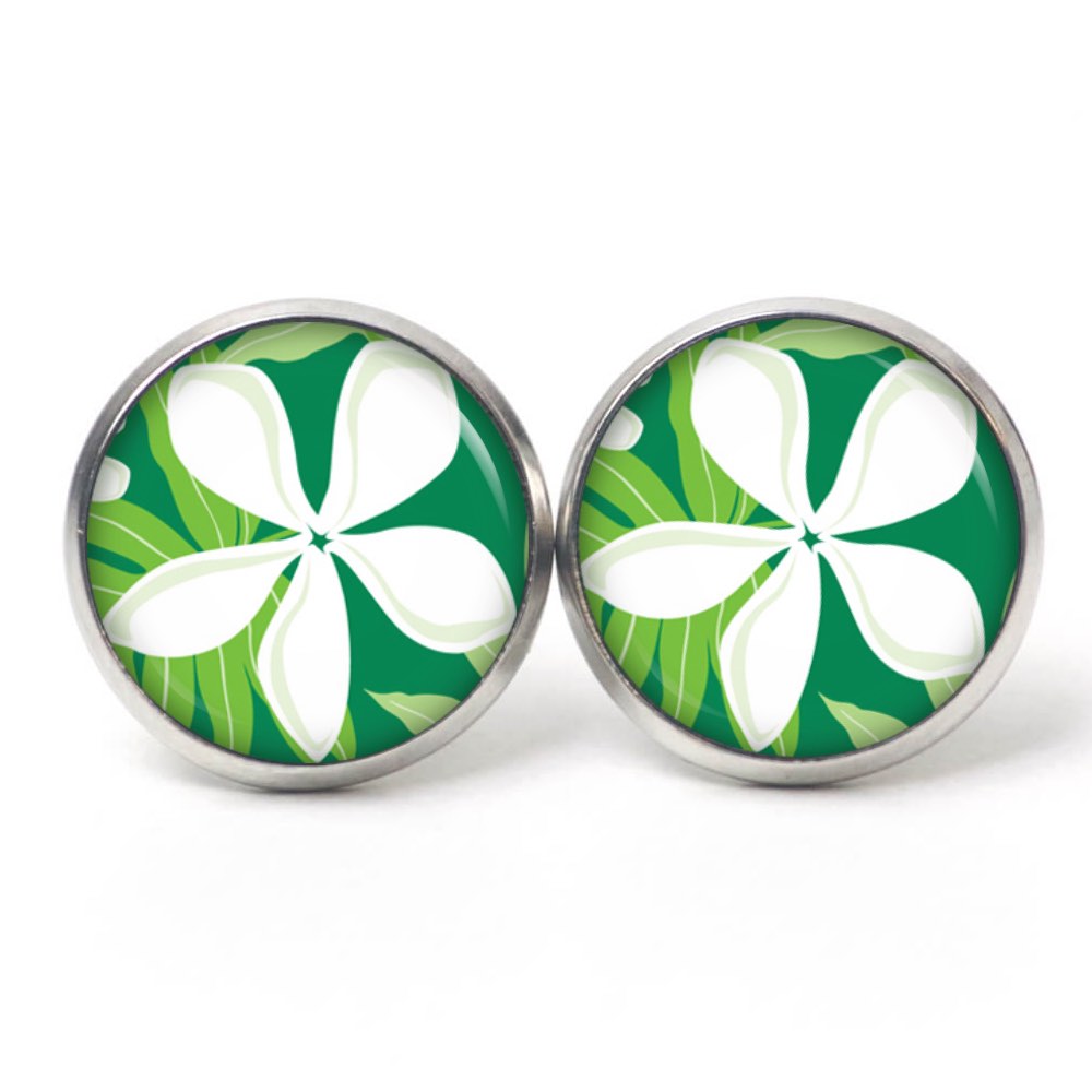 Ohrstecker, Ohrhänger, Clipse & Druckknopf – Motiv Große Blume weiß grün – Schmuck aus Edelstahl Ohrstecker, Ohrhänger, Clipse & Druckknopf – Motiv Große Blume weiß grün – Schmuck aus Edelstahl