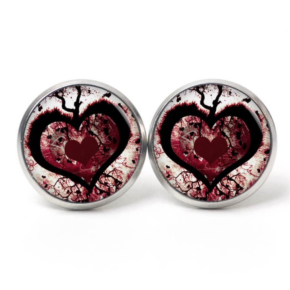Ohrstecker, Ohrhänger, Clipse & Druckknopf – Motiv großes rot schwarzes Herz – Schmuck aus Edelstahl Ohrstecker, Ohrhänger, Clipse & Druckknopf – Motiv großes rot schwarzes Herz – Schmuck aus Edelstahl