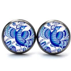 Ohrstecker, Ohrhänger, Clipse & Druckknopf – Motiv großer Pfau mit blauen Blumen – Schmuck aus Edelstahl Ohrstecker, Ohrhänger, Clipse & Druckknopf – Motiv großer Pfau mit blauen Blumen – Schmuck aus Edelstahl
