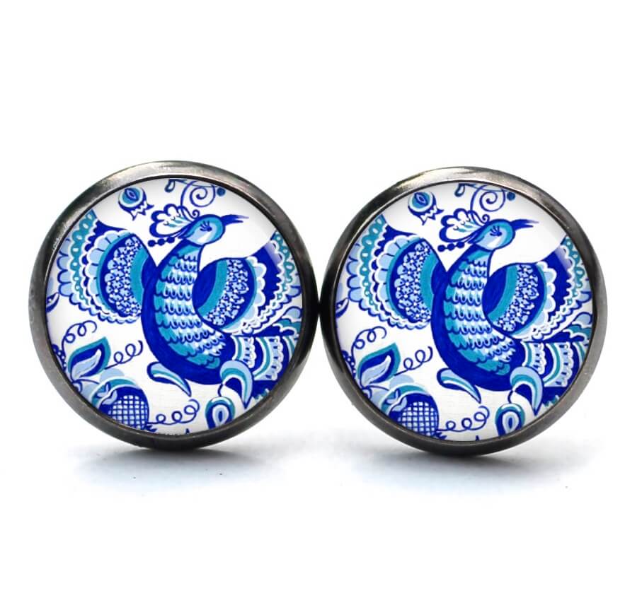 Ohrstecker, Ohrhänger, Clipse & Druckknopf – Motiv großer Pfau mit blauen Blumen – Schmuck aus Edelstahl Ohrstecker, Ohrhänger, Clipse & Druckknopf – Motiv großer Pfau mit blauen Blumen – Schmuck aus Edelstahl