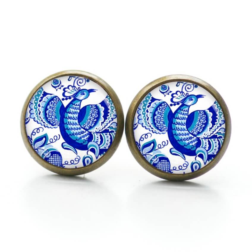 Ohrstecker, Ohrhänger, Clipse & Druckknopf – Motiv großer Pfau mit blauen Blumen – Schmuck aus Edelstahl Ohrstecker, Ohrhänger, Clipse & Druckknopf – Motiv großer Pfau mit blauen Blumen – Schmuck aus Edelstahl