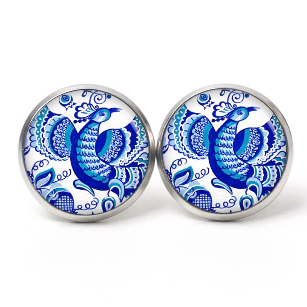 Ohrstecker, Ohrhänger, Clipse & Druckknopf – Motiv großer Pfau mit blauen Blumen – Schmuck aus Edelstahl Ohrstecker, Ohrhänger, Clipse & Druckknopf – Motiv großer Pfau mit blauen Blumen – Schmuck aus Edelstahl