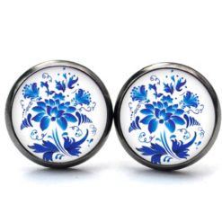 Ohrstecker, Ohrhänger, Clipse & Druckknopf – Motiv blaue Blumen im Gzhel Stil – Schmuck aus Edelstahl Ohrstecker, Ohrhänger, Clipse & Druckknopf – Motiv blaue Blumen im Gzhel Stil – Schmuck aus Edelstahl