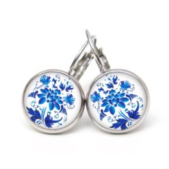 Ohrstecker, Ohrhänger, Clipse & Druckknopf – Motiv blaue Blumen im Gzhel Stil – Schmuck aus Edelstahl Ohrstecker, Ohrhänger, Clipse & Druckknopf – Motiv blaue Blumen im Gzhel Stil – Schmuck aus Edelstahl
