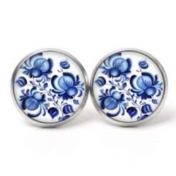 Ohrstecker, Ohrhänger, Clipse & Druckknopf – Motiv dunkelblaue Blumen im Gzhel Stil – Schmuck aus Edelstahl