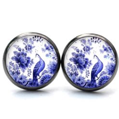 Ohrstecker, Ohrhänger, Clipse & Druckknopf – Motiv Pfau mit blauen Blumen – Schmuck aus Edelstahl Ohrstecker, Ohrhänger, Clipse & Druckknopf – Motiv Pfau mit blauen Blumen – Schmuck aus Edelstahl