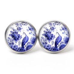 Ohrstecker, Ohrhänger, Clipse & Druckknopf – Motiv Pfau mit blauen Blumen – Schmuck aus Edelstahl
