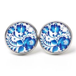 Ohrstecker, Ohrhänger, Clipse & Druckknopf – Motiv blaue Blumen im Gzhel Stil – Schmuck aus Edelstahl