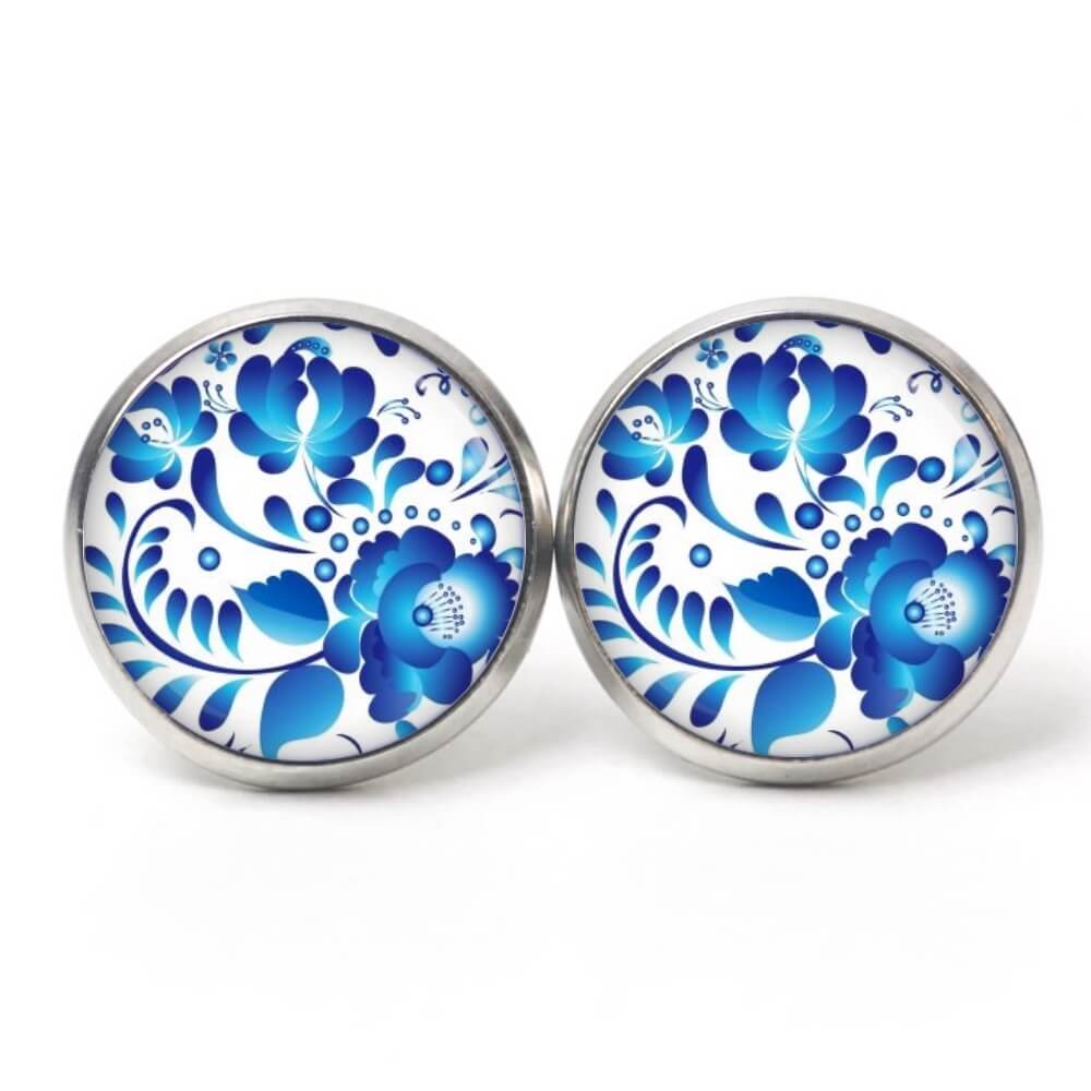 Ohrstecker, Ohrhänger, Clipse & Druckknopf – Motiv Blaue Blumen im Gzhel Stil – Schmuck aus Edelstahl Ohrstecker, Ohrhänger, Clipse & Druckknopf – Motiv Blaue Blumen im Gzhel Stil – Schmuck aus Edelstahl