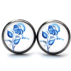 Ohrstecker, Ohrhänger, Clipse & Druckknopf – Motiv Blaue Blume im Gzhel Stil – Schmuck aus Edelstahl Ohrstecker, Ohrhänger, Clipse & Druckknopf – Motiv Blaue Blume im Gzhel Stil – Schmuck aus Edelstahl