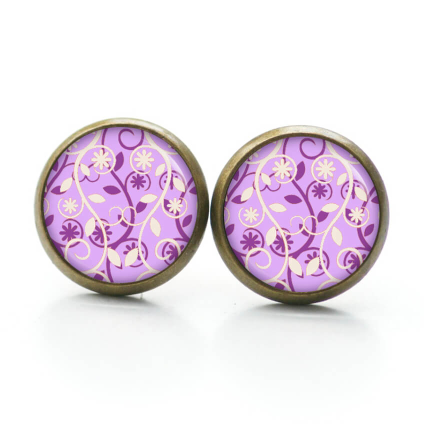 Ohrstecker, Ohrhänger, Clipse & Druckknopf – Motiv Wildes lila Blumenmuster – Schmuck aus Edelstahl Ohrstecker, Ohrhänger, Clipse & Druckknopf – Motiv Wildes lila Blumenmuster – Schmuck aus Edelstahl