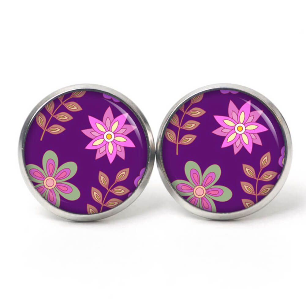 Ohrstecker, Ohrhänger, Clipse & Druckknopf – Motiv Retro Blumen Violett – Schmuck aus Edelstahl Ohrstecker, Ohrhänger, Clipse & Druckknopf – Motiv Retro Blumen Violett – Schmuck aus Edelstahl