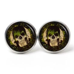 Ohrstecker, Ohrhänger, Clipse & Druckknopf – Motiv Totenkopf mit grünem Haar – Schmuck aus Edelstahl Ohrstecker, Ohrhänger, Clipse & Druckknopf – Motiv Totenkopf mit grünem Haar – Schmuck aus Edelstahl