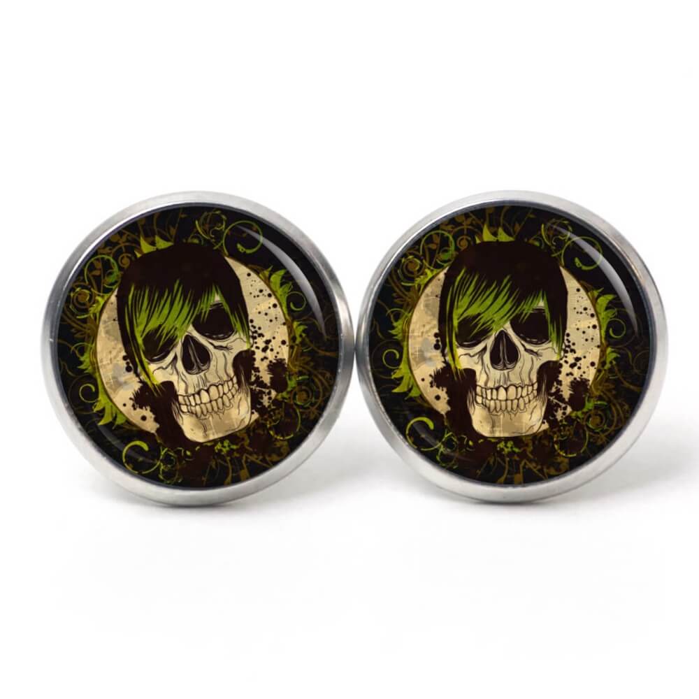 Ohrstecker, Ohrhänger, Clipse & Druckknopf – Motiv Totenkopf mit grünem Haar – Schmuck aus Edelstahl Ohrstecker, Ohrhänger, Clipse & Druckknopf – Motiv Totenkopf mit grünem Haar – Schmuck aus Edelstahl