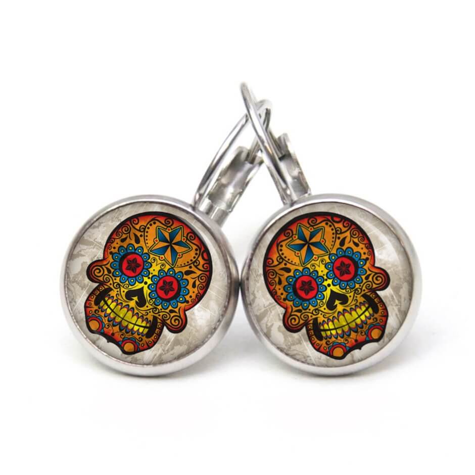 Ohrstecker, Ohrhänger, Clipse & Druckknopf – Motiv bunter mexikanischer Calaveras Totenkopf – Schmuck aus Edelstahl Ohrstecker, Ohrhänger, Clipse & Druckknopf – Motiv bunter mexikanischer Calaveras Totenkopf – Schmuck aus Edelstahl