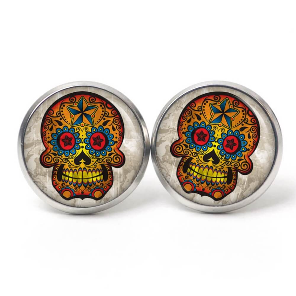 Ohrstecker, Ohrhänger, Clipse & Druckknopf – Motiv bunter mexikanischer Calaveras Totenkopf – Schmuck aus Edelstahl Ohrstecker, Ohrhänger, Clipse & Druckknopf – Motiv bunter mexikanischer Calaveras Totenkopf – Schmuck aus Edelstahl