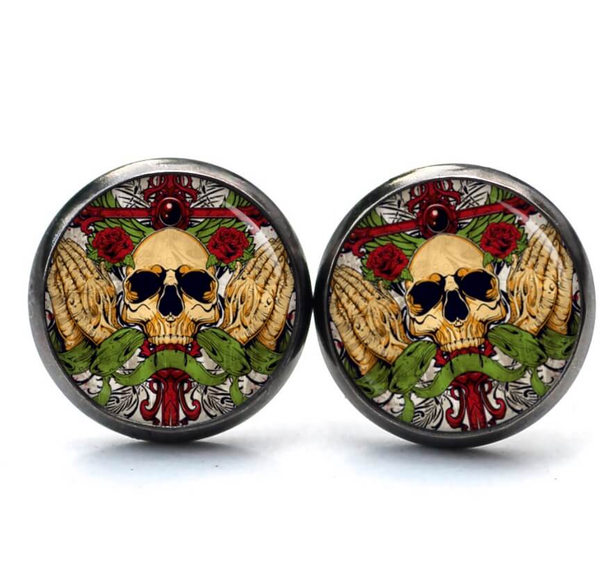 Ohrstecker, Ohrhänger, Clipse & Druckknopf – Motiv betender Totenkopf – Schmuck aus Edelstahl Ohrstecker, Ohrhänger, Clipse & Druckknopf – Motiv betender Totenkopf – Schmuck aus Edelstahl