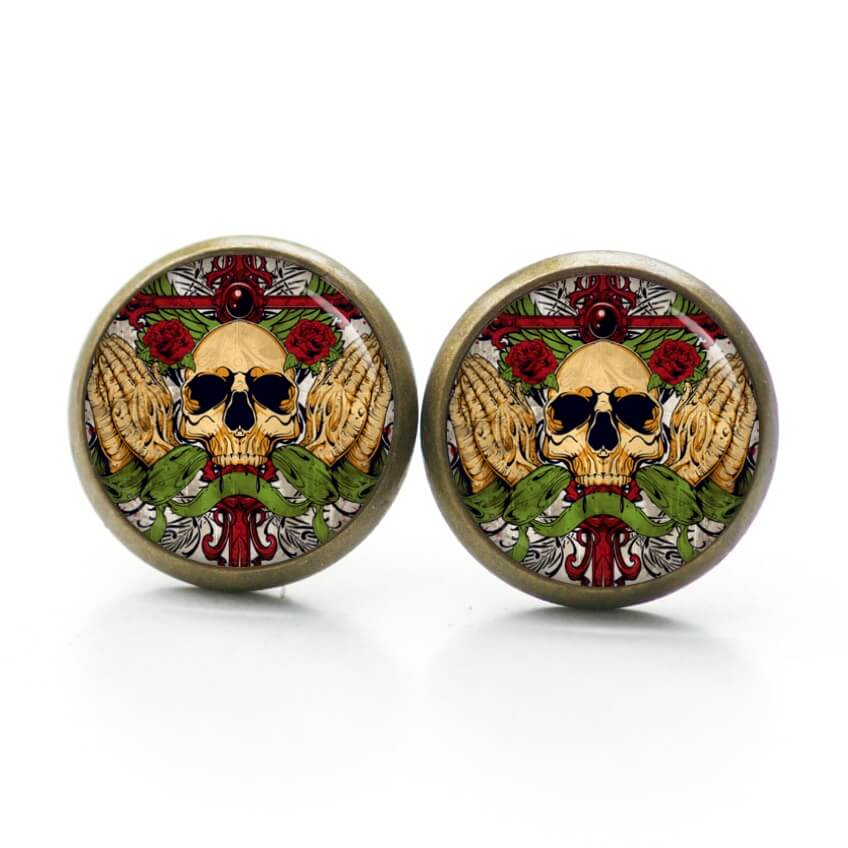 Ohrstecker, Ohrhänger, Clipse & Druckknopf – Motiv betender Totenkopf – Schmuck aus Edelstahl Ohrstecker, Ohrhänger, Clipse & Druckknopf – Motiv betender Totenkopf – Schmuck aus Edelstahl