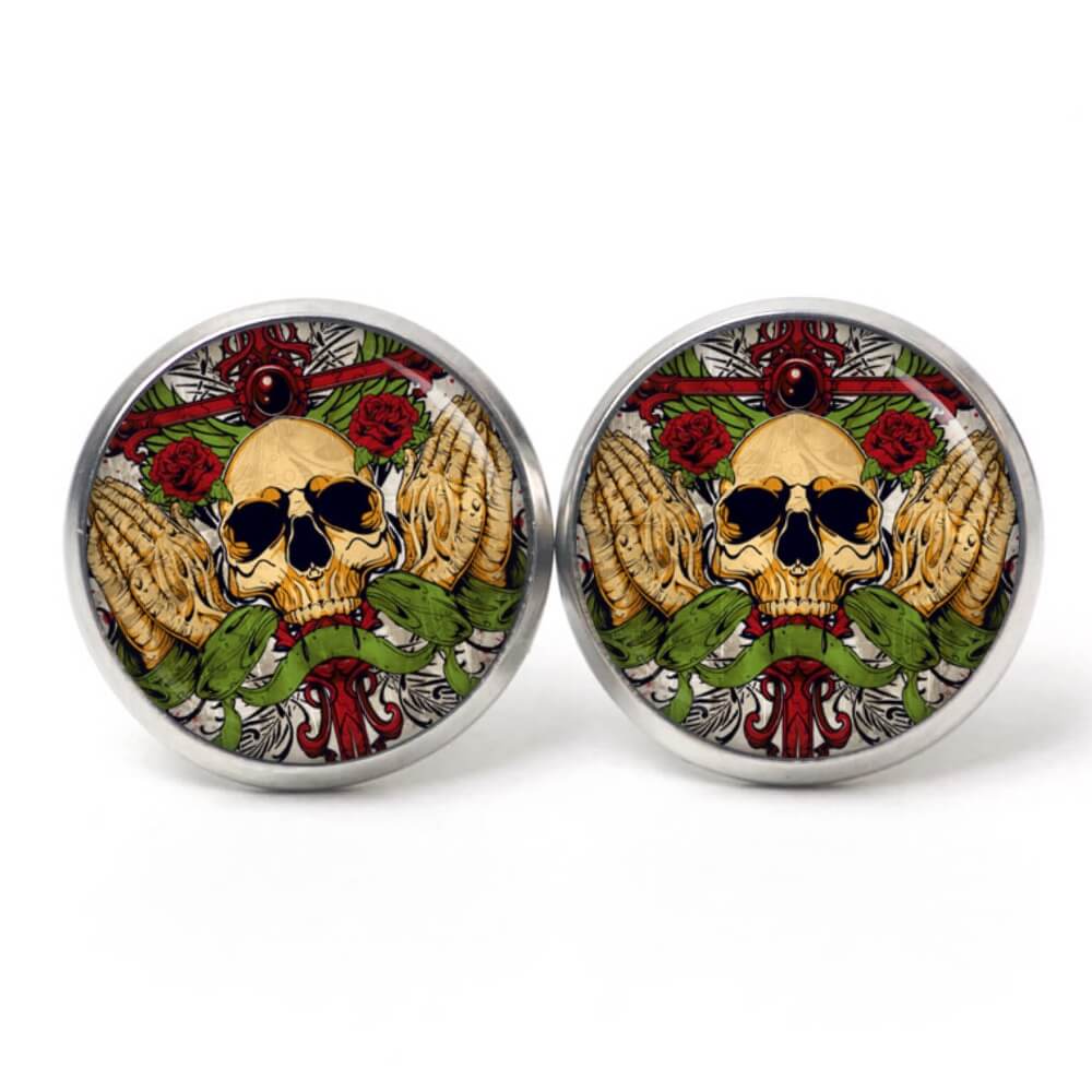 Ohrstecker, Ohrhänger, Clipse & Druckknopf – Motiv betender Totenkopf – Schmuck aus Edelstahl Ohrstecker, Ohrhänger, Clipse & Druckknopf – Motiv betender Totenkopf – Schmuck aus Edelstahl