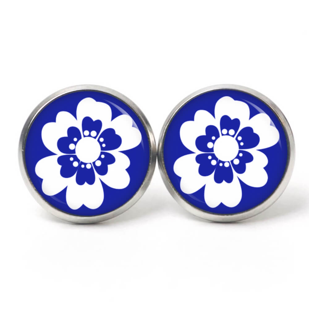 Ohrstecker, Ohrhänger, Clipse & Druckknopf – Motiv große dunkelblaue Blume – Schmuck aus Edelstahl Ohrstecker, Ohrhänger, Clipse & Druckknopf – Motiv große dunkelblaue Blume – Schmuck aus Edelstahl