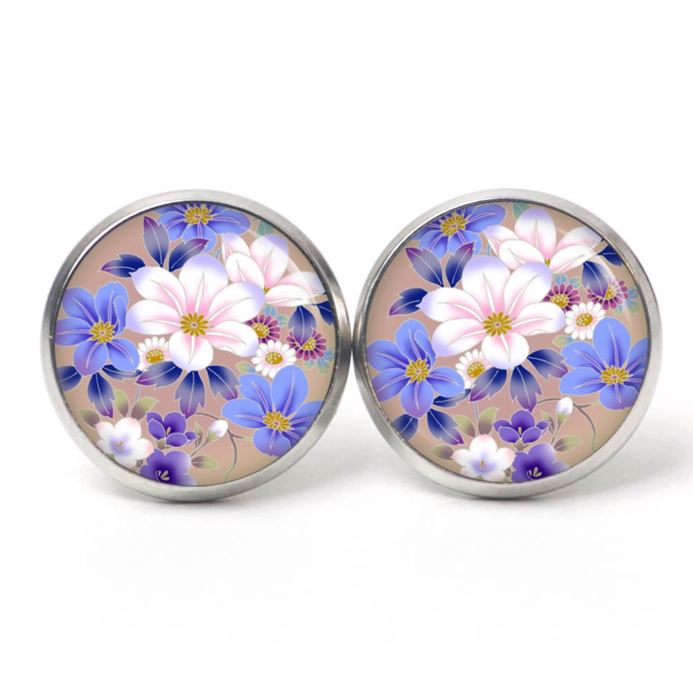 Ohrstecker, Ohrhänger, Clipse & Druckknopf – Motiv Mit weiß blauen Blumen – Schmuck aus Edelstahl Ohrstecker, Ohrhänger, Clipse & Druckknopf – Motiv Mit weiß blauen Blumen – Schmuck aus Edelstahl