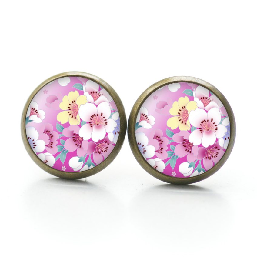 Ohrstecker, Ohrhänger, Clipse & Druckknopf – Motiv Mit rosa Blumen – Schmuck aus Edelstahl Ohrstecker, Ohrhänger, Clipse & Druckknopf – Motiv Mit rosa Blumen – Schmuck aus Edelstahl