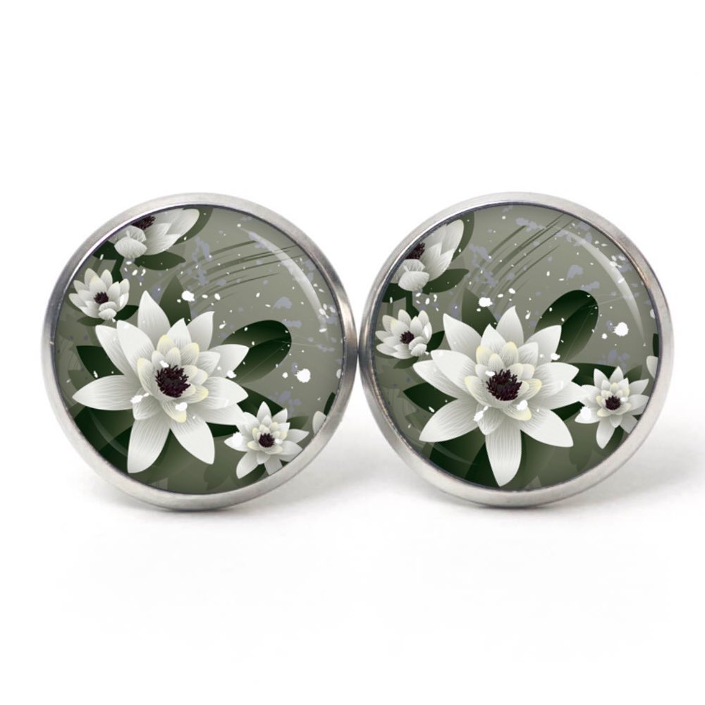 Ohrstecker, Ohrhänger, Clipse & Druckknopf – Motiv Seerosen in grau und weiß – Schmuck aus Edelstahl Ohrstecker, Ohrhänger, Clipse & Druckknopf – Motiv Seerosen in grau und weiß – Schmuck aus Edelstahl
