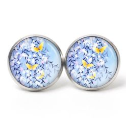 Ohrstecker, Ohrhänger, Clipse & Druckknopf – Motiv Blaue Blumen mit Zitronenfalter – Schmuck aus Edelstahl