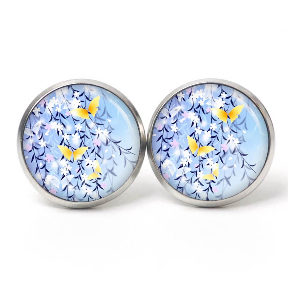 Ohrstecker, Ohrhänger, Clipse & Druckknopf – Motiv Blaue Blumen mit Zitronenfalter – Schmuck aus Edelstahl Ohrstecker, Ohrhänger, Clipse & Druckknopf – Motiv Blaue Blumen mit Zitronenfalter – Schmuck aus Edelstahl