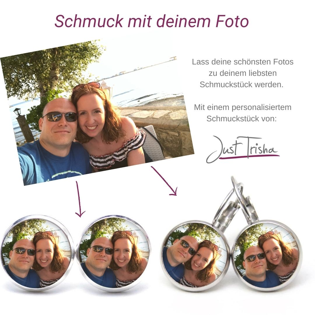 Dein Foto als Schmuck – Komplett-Set (Kette, Ohrringe & Armband) Ohrstecker / Ohrhänger mit eigenem Foto Bild personalisieren - Edelstahl