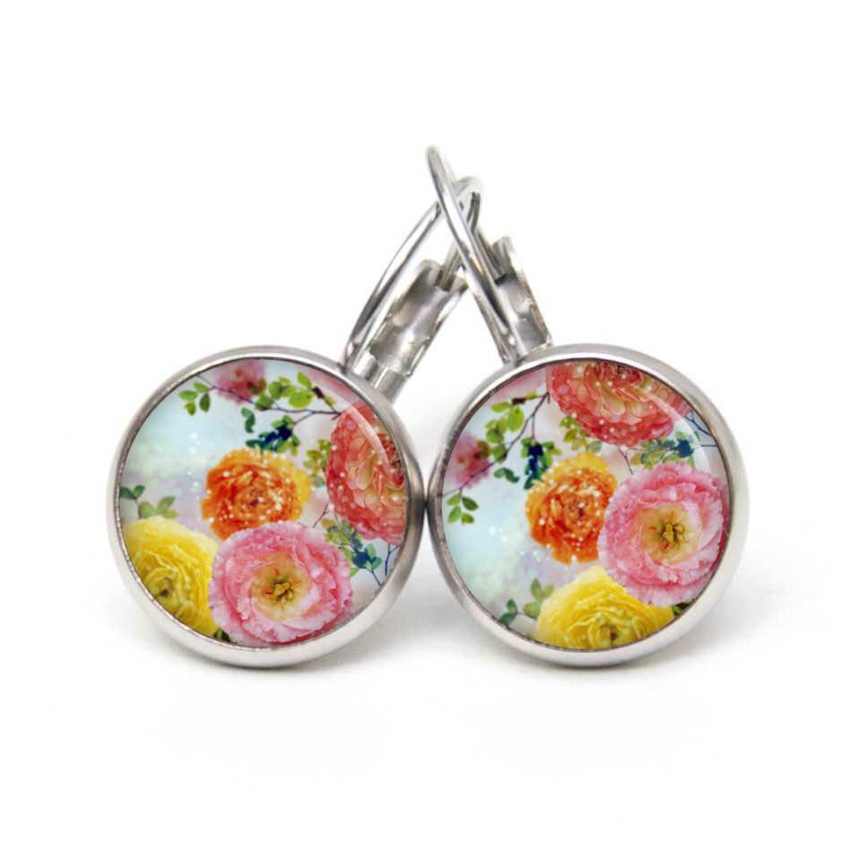 Ohrstecker, Ohrhänger, Clipse & Druckknopf – Motiv Bunte Rosen Pfingstrosen – Schmuck aus Edelstahl Ohrstecker, Ohrhänger, Clipse & Druckknopf – Motiv Bunte Rosen Pfingstrosen – Schmuck aus Edelstahl