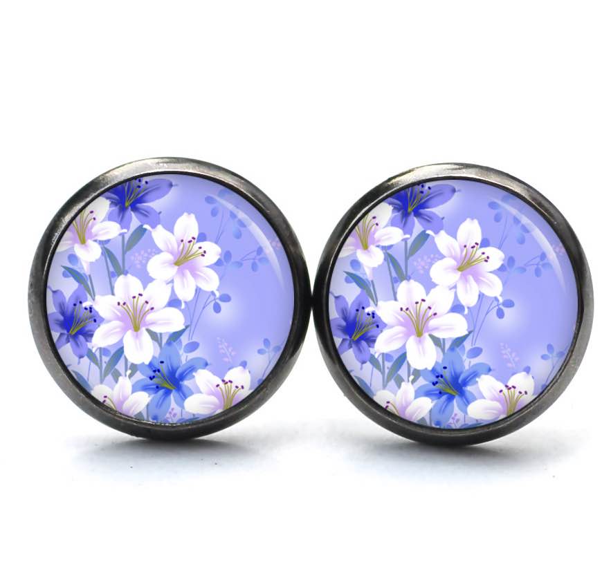 Ohrstecker, Ohrhänger, Clipse & Druckknopf – Motiv Blumen in blau und creme – Schmuck aus Edelstahl Ohrstecker, Ohrhänger, Clipse & Druckknopf – Motiv Blumen in blau und creme – Schmuck aus Edelstahl