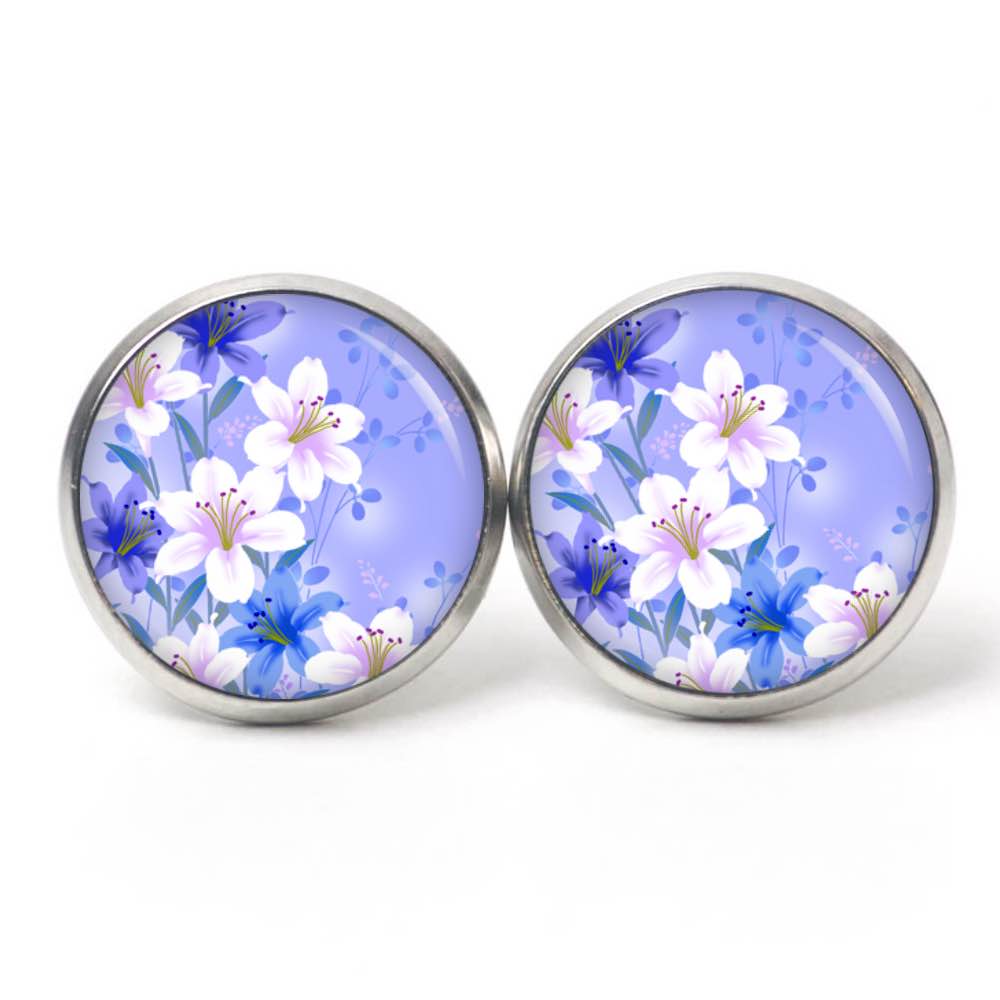Ohrstecker, Ohrhänger, Clipse & Druckknopf – Motiv Blumen in blau und creme – Schmuck aus Edelstahl Ohrstecker, Ohrhänger, Clipse & Druckknopf – Motiv Blumen in blau und creme – Schmuck aus Edelstahl