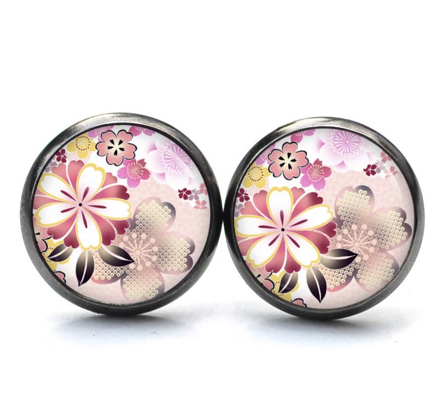 Ohrstecker, Ohrhänger, Clipse & Druckknopf – Motiv Zartes rosa Blumen Muster – Schmuck aus Edelstahl Ohrstecker, Ohrhänger, Clipse & Druckknopf – Motiv Zartes rosa Blumen Muster – Schmuck aus Edelstahl