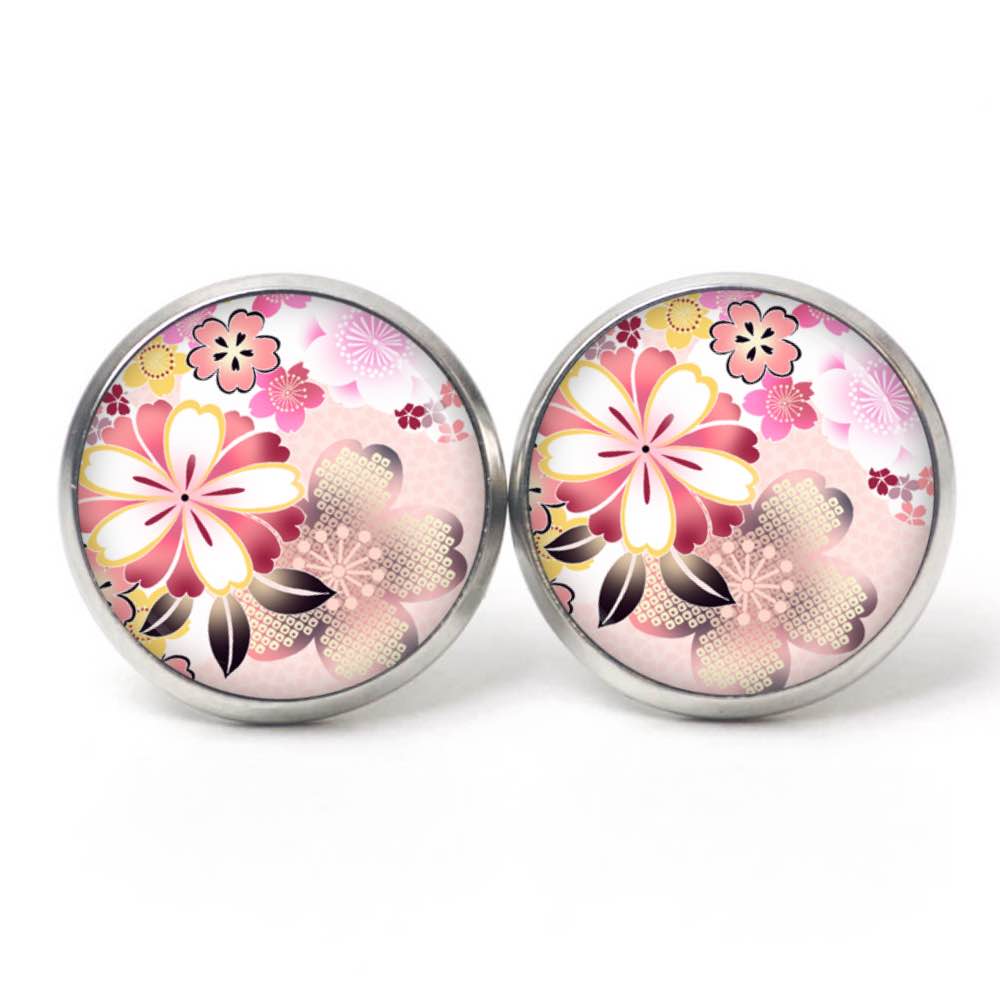 Ohrstecker, Ohrhänger, Clipse & Druckknopf – Motiv Zartes rosa Blumen Muster – Schmuck aus Edelstahl Ohrstecker, Ohrhänger, Clipse & Druckknopf – Motiv Zartes rosa Blumen Muster – Schmuck aus Edelstahl