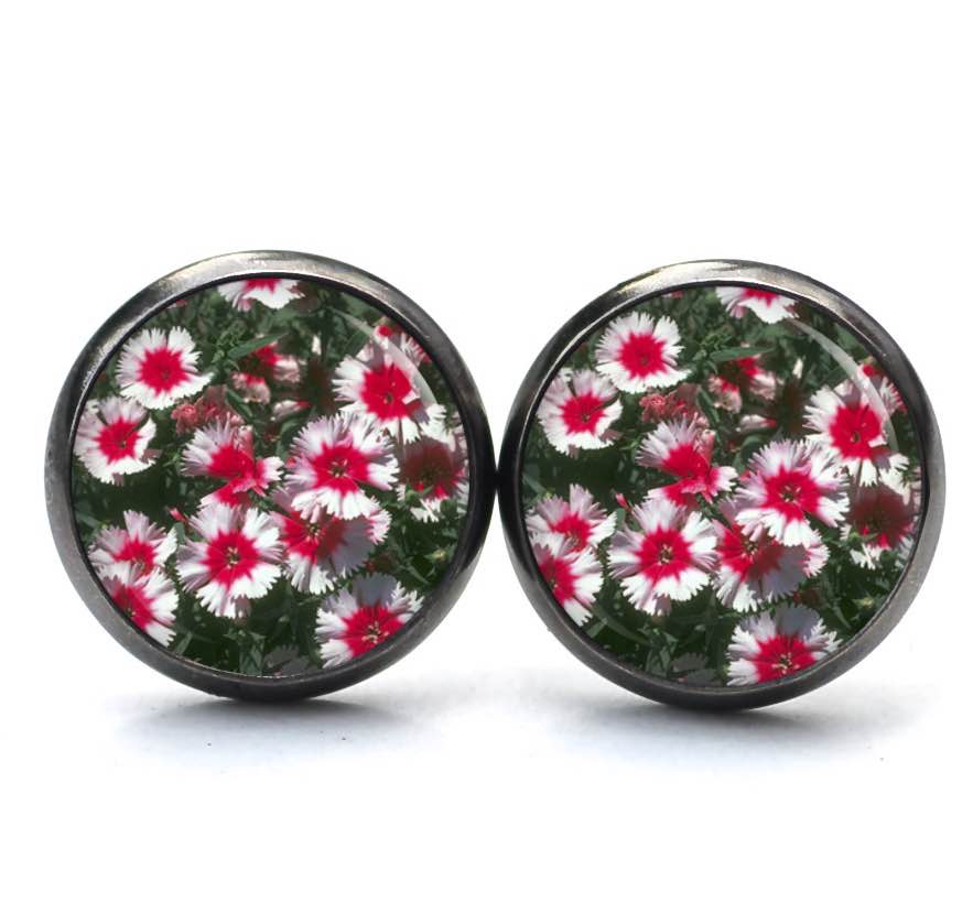 Druckknopf Ohrstecker Ohrhänger Clipse rot und weiße Blumen Druckknopf Ohrstecker Ohrhänger Clipse rot und weiße Blumen