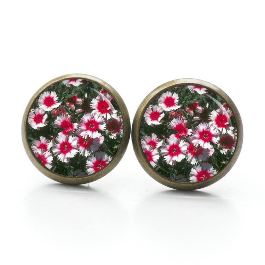 Druckknopf Ohrstecker Ohrhänger Clipse rot und weiße Blumen Druckknopf Ohrstecker Ohrhänger Clipse rot und weiße Blumen