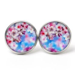 Ohrstecker, Ohrhänger, Clipse & Druckknopf – Motiv Rosa Blumen Himmel auf blau – Schmuck aus Edelstahl