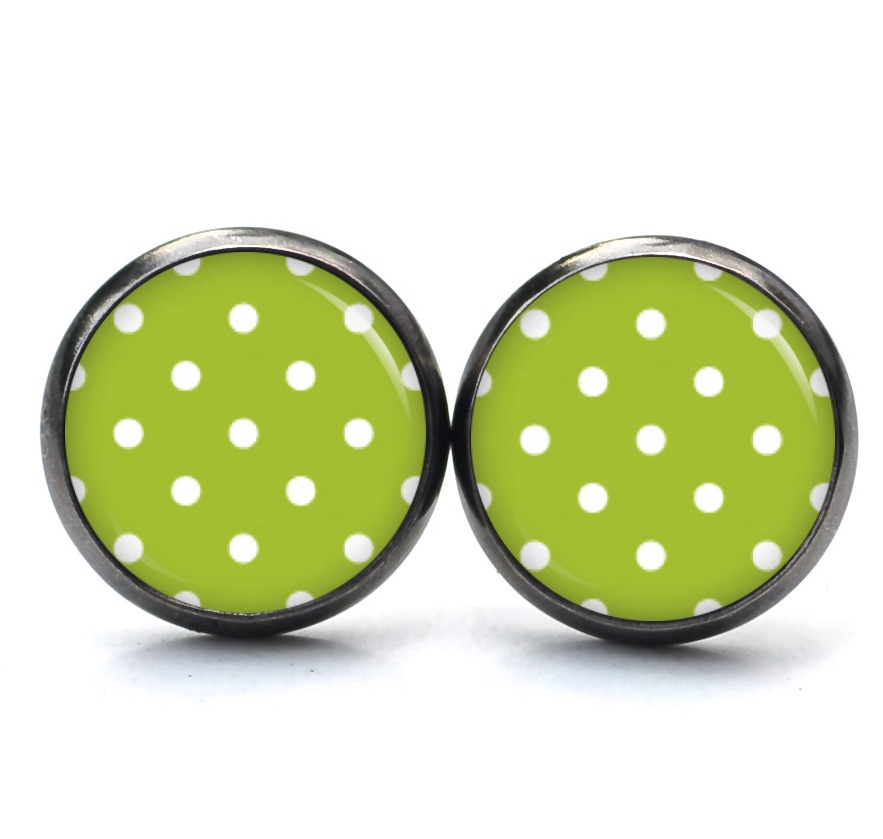 Druckknopf Ohrstecker Ohrhänger Clipse grün mit weißen Tupfen Punkten Polka Dots Druckknopf Ohrstecker Ohrhänger Clipse grün mit weißen Tupfen Punkten Polka Dots