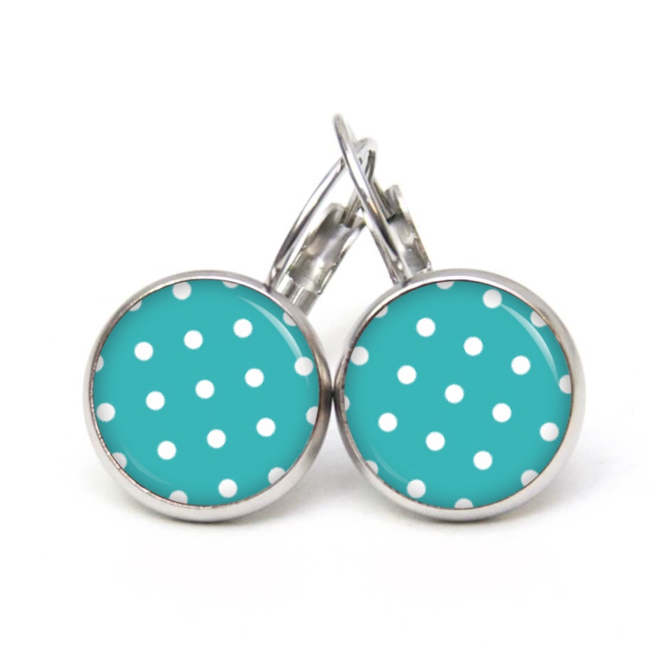 Druckknopf Ohrstecker Ohrhänger Clipse türkis mit weißen Tupfen Punkte Polka Dots Druckknopf Ohrstecker Ohrhänger Clipse türkis mit weißen Tupfen Punkte Polka Dots