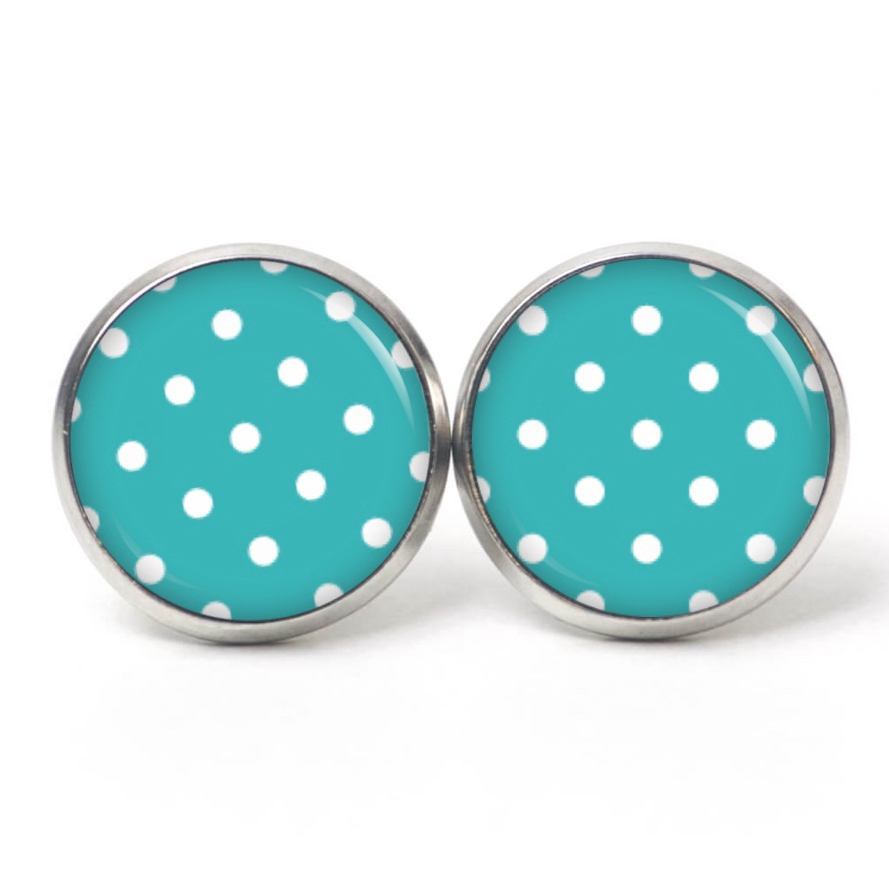 Druckknopf Ohrstecker Ohrhänger Clipse türkis mit weißen Tupfen Punkte Polka Dots Druckknopf Ohrstecker Ohrhänger Clipse türkis mit weißen Tupfen Punkte Polka Dots