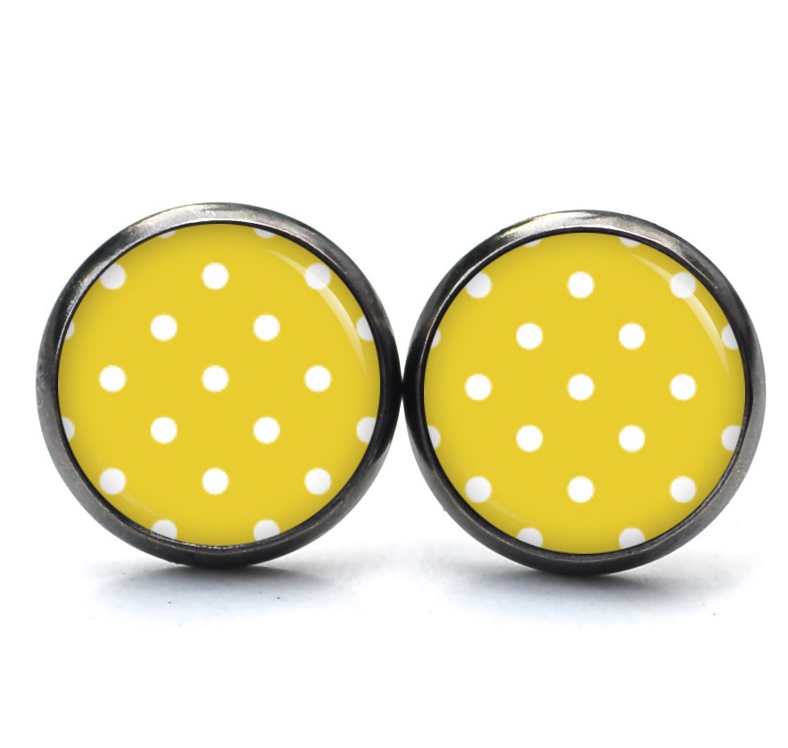Druckknopf Ohrstecker Ohrhänger Clipse gelb mit weißen Tupfen Punkten Polka Dots Druckknopf Ohrstecker Ohrhänger Clipse gelb mit weißen Tupfen Punkten Polka Dots