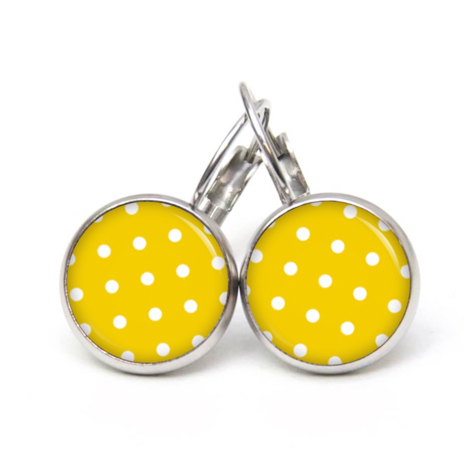 Druckknopf Ohrstecker Ohrhänger Clipse gelb mit weißen Tupfen Punkten Polka Dots Druckknopf Ohrstecker Ohrhänger Clipse gelb mit weißen Tupfen Punkten Polka Dots