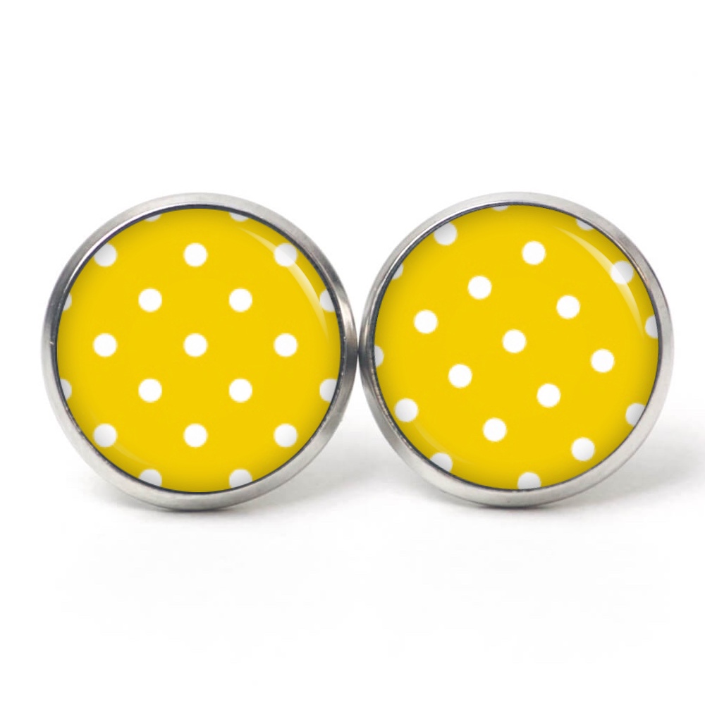 Druckknopf Ohrstecker Ohrhänger Clipse gelb mit weißen Tupfen Punkten Polka Dots Druckknopf Ohrstecker Ohrhänger Clipse gelb mit weißen Tupfen Punkten Polka Dots