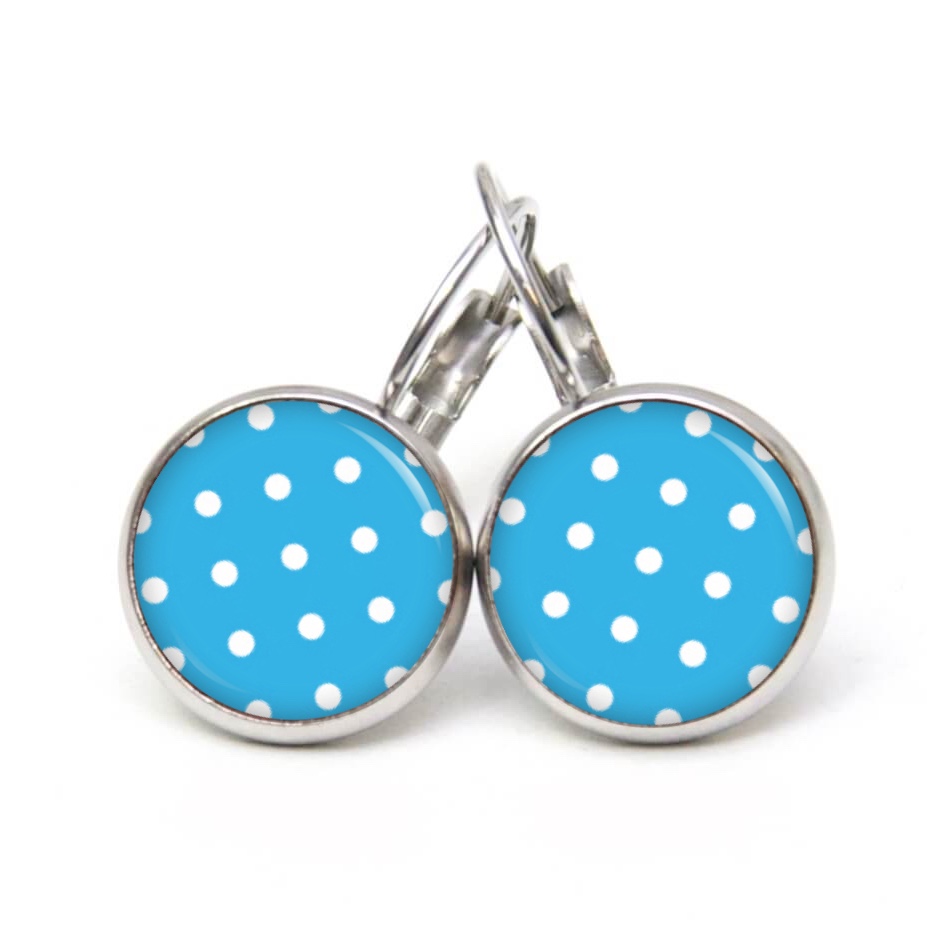 Druckknopf Ohrstecker Ohrhänger Clipse himmelblau mit weißen Tupfen Punkten Polka Dots Druckknopf Ohrstecker Ohrhänger Clipse himmelblau mit weißen Tupfen Punkten Polka Dots