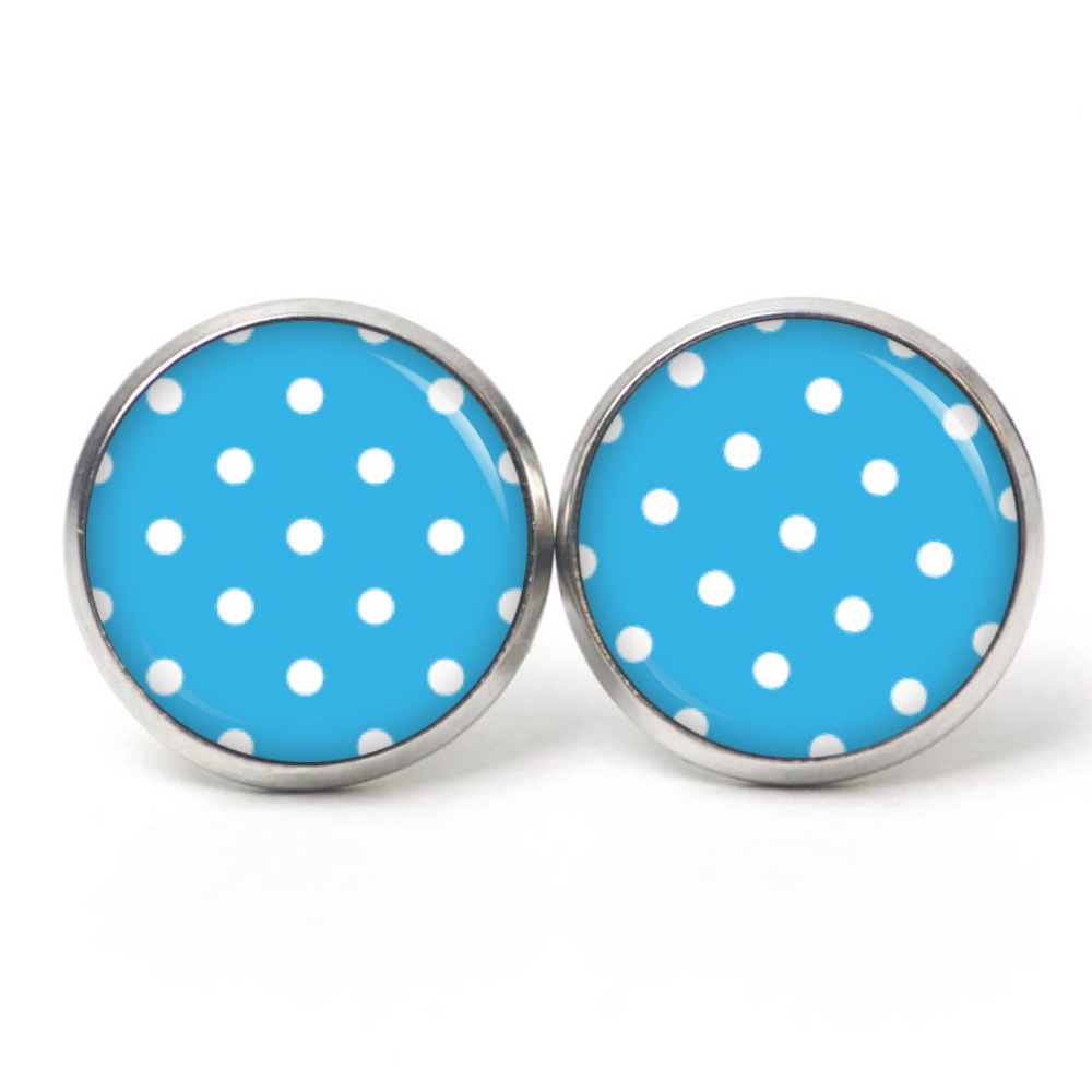 Druckknopf Ohrstecker Ohrhänger Clipse himmelblau mit weißen Tupfen Punkten Polka Dots Druckknopf Ohrstecker Ohrhänger Clipse himmelblau mit weißen Tupfen Punkten Polka Dots
