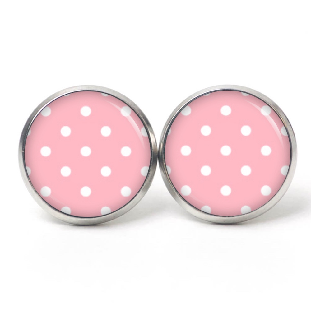 Druckknopf Ohrstecker Ohrhänger Clipse zart rosa mit weißen Tupfen Punkten Polka Dots Druckknopf Ohrstecker Ohrhänger Clipse zart rosa mit weißen Tupfen Punkten Polka Dots