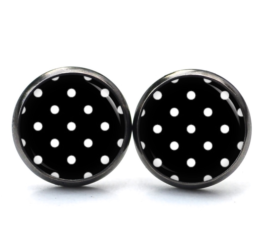 Druckknopf Ohrstecker Ohrhänger Clipse schwarz mit weißen Tupfen Punkten Polka Dots Druckknopf Ohrstecker Ohrhänger Clipse schwarz mit weißen Tupfen Punkten Polka Dots